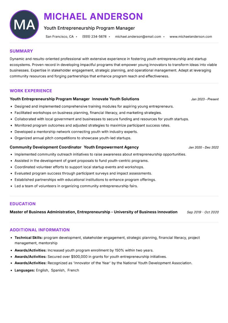 Youth Startup Support Officer resume example — ATS-friendly template