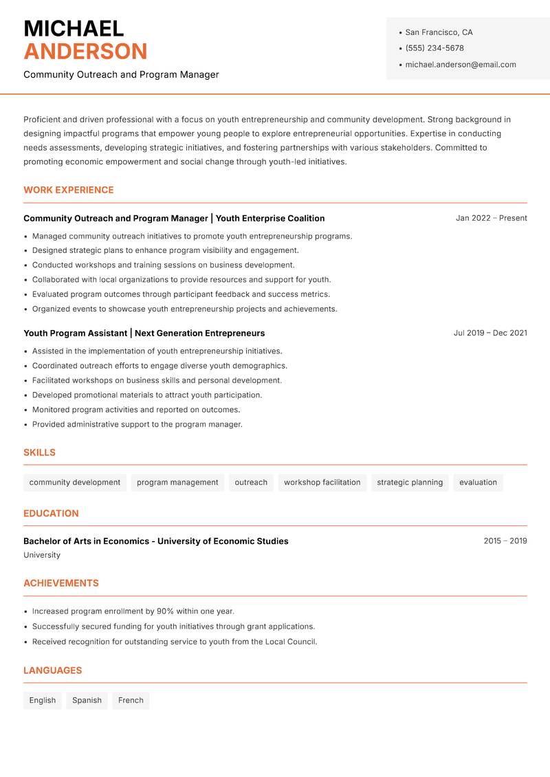 Youth Startup Support Officer resume template — Modern Professional