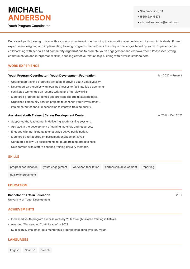 Youth Training Officer resume template — Modern Professional