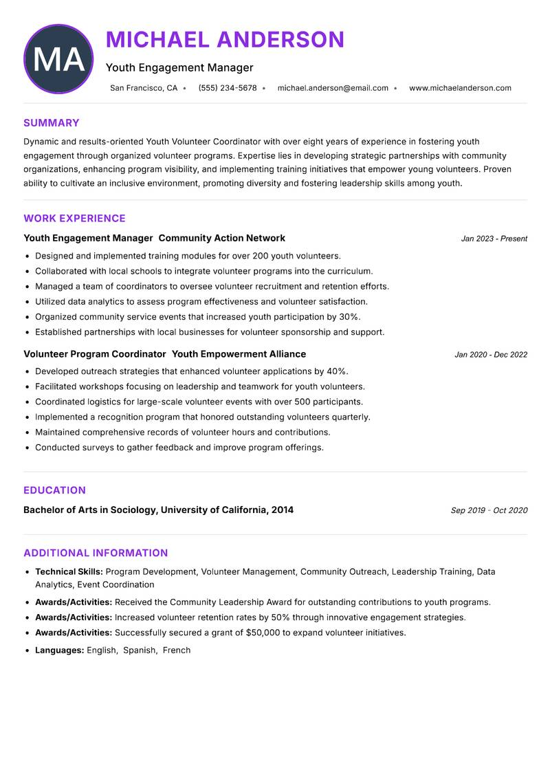 Youth Volunteer Coordinator resume example — ATS-friendly template