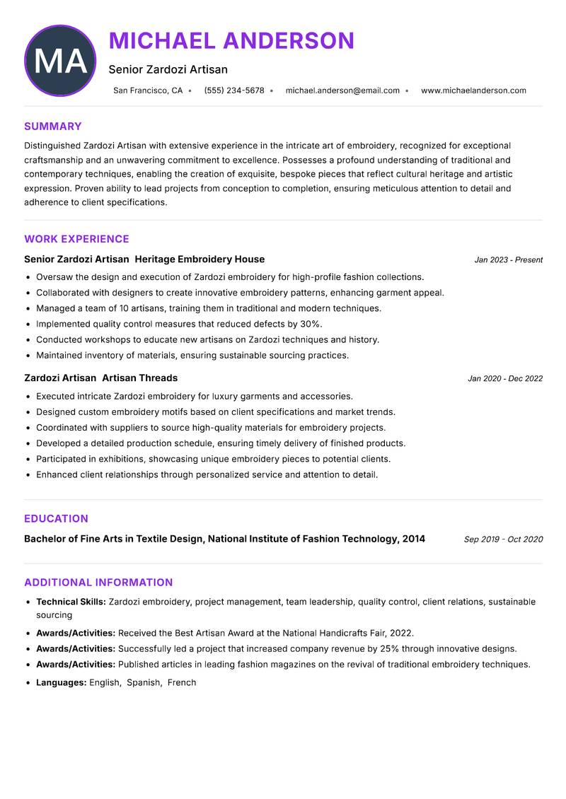 Zardozi Artisan resume example — ATS-friendly template