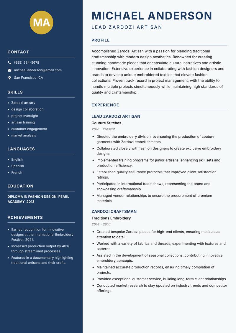Zardozi Artisan resume template — Classic Clean