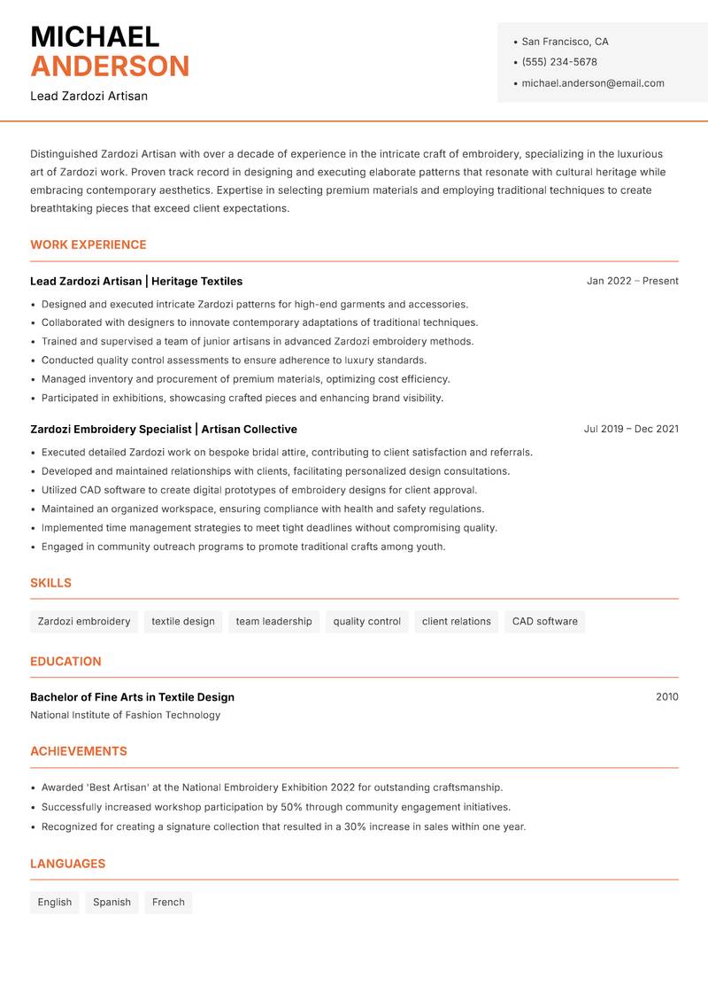 Zardozi Artisan resume template — Modern Professional