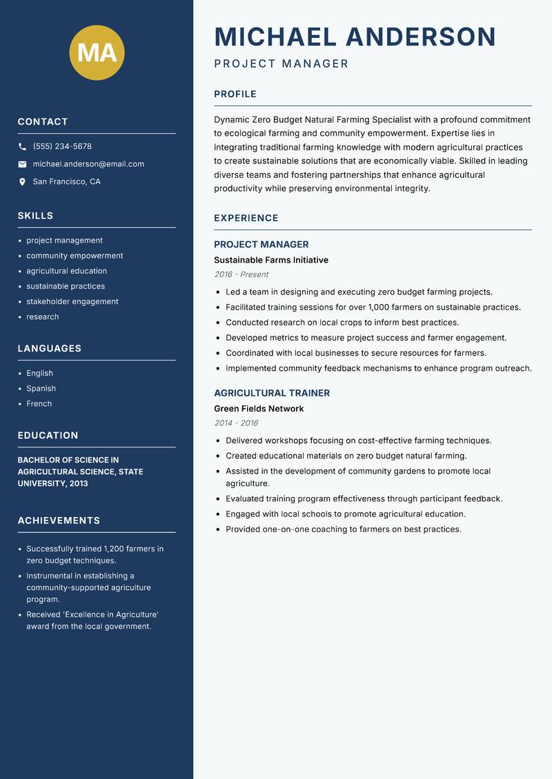 Zero Budget Natural Farming Specialist resume template — Classic Clean