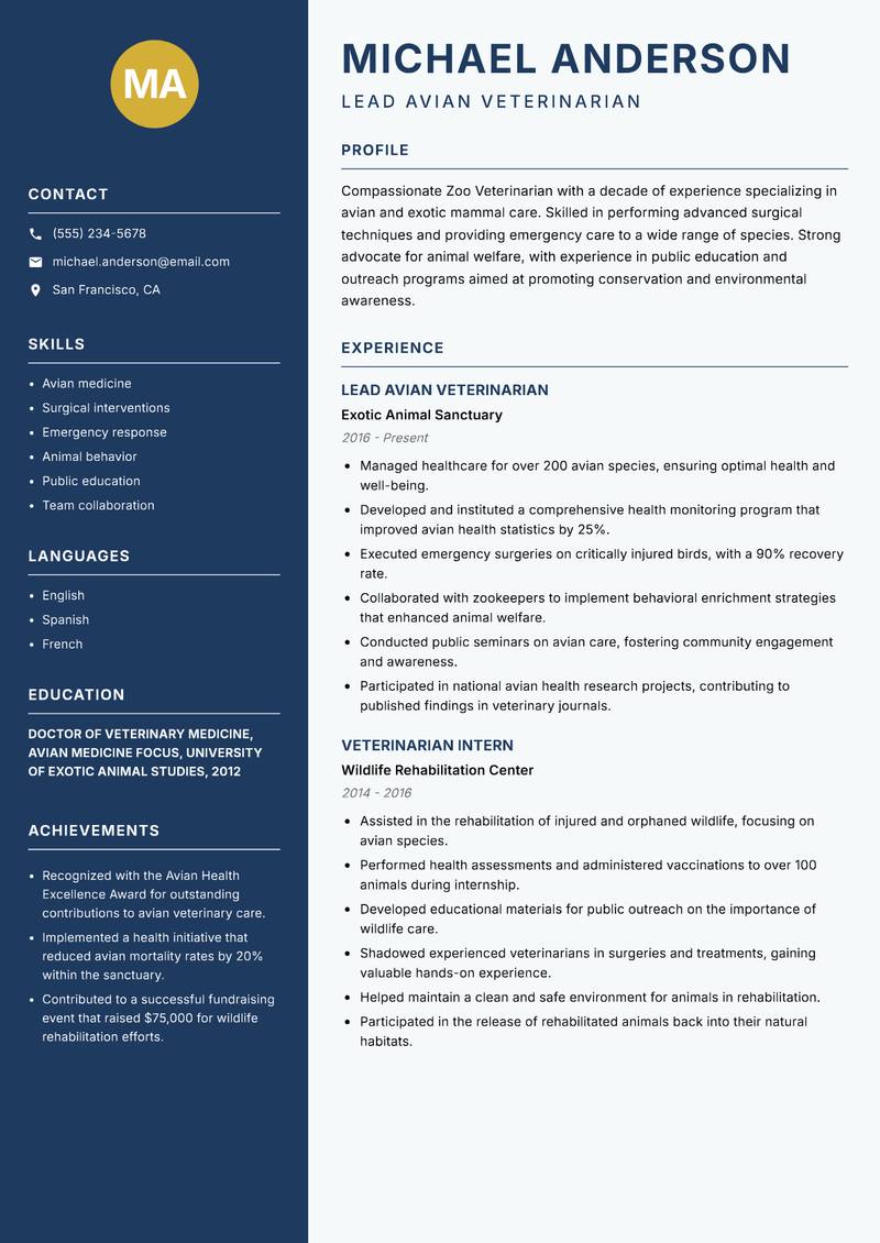 Zoo Veterinarian resume template — Classic Clean