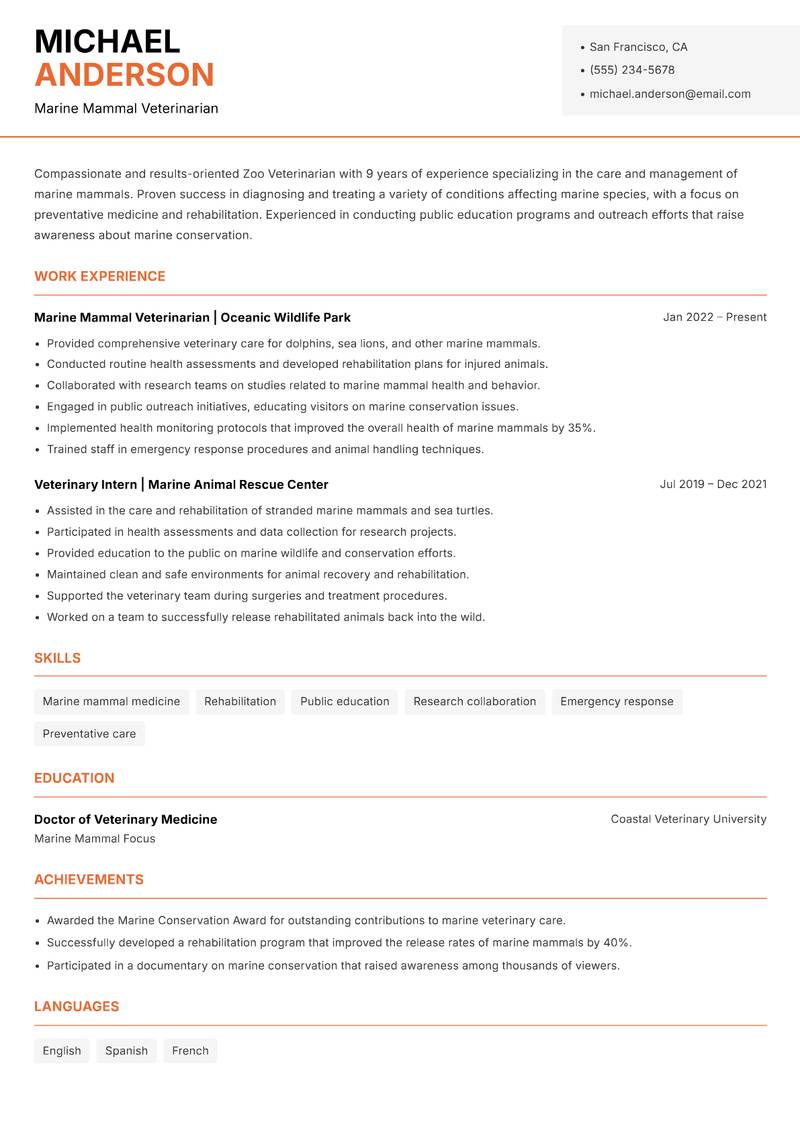 Zoo Veterinarian resume template — Modern Professional