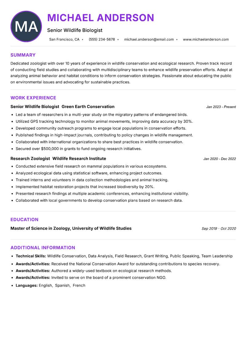 Zoologist resume example — ATS-friendly template