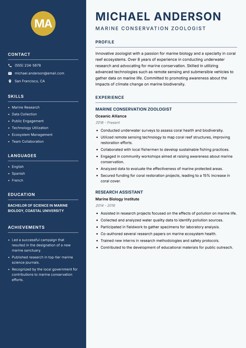 Zoologist resume template — Classic Clean