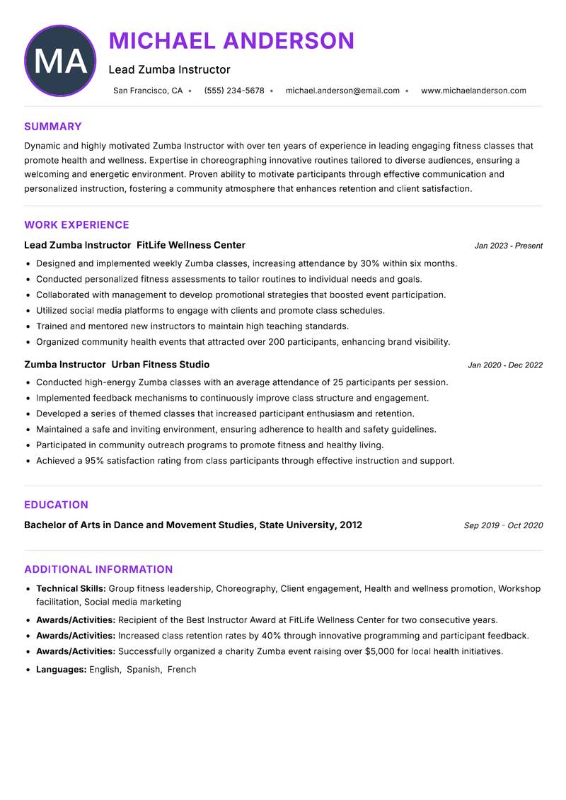 Zumba Instructor resume example — ATS-friendly template