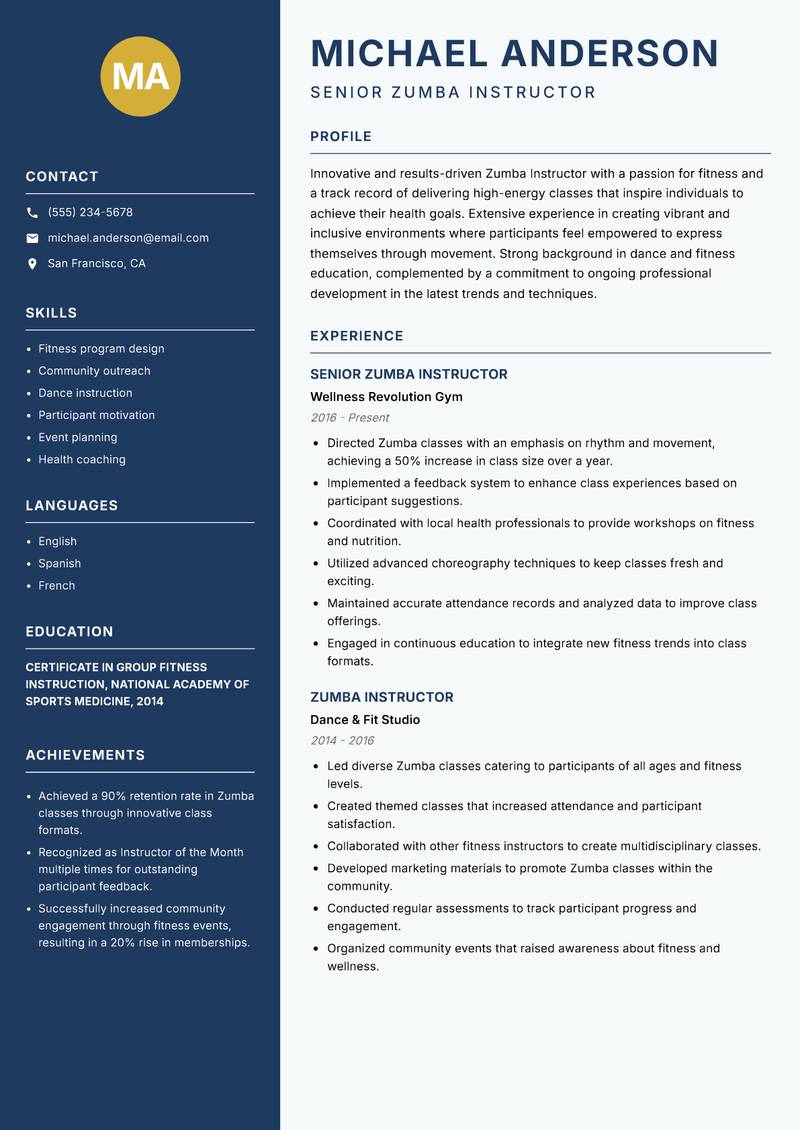 Zumba Instructor resume template — Classic Clean