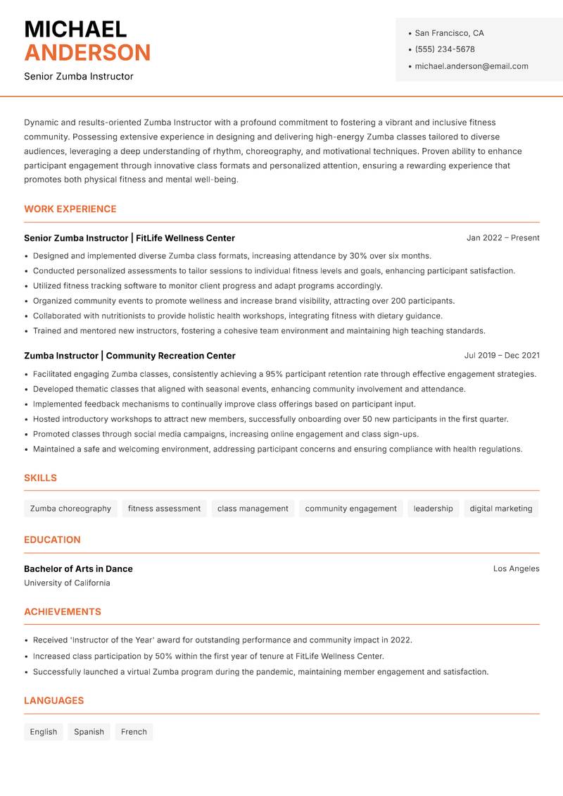 Zumba Instructor resume template — Modern Professional