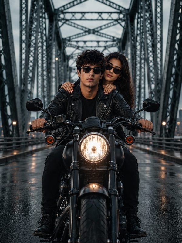 Cinematic Biker Couple Bridge Portrait — AI image prompt example generated with this prompt