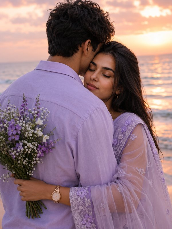 Lavender Sunset Embrace — AI image prompt example generated with this prompt