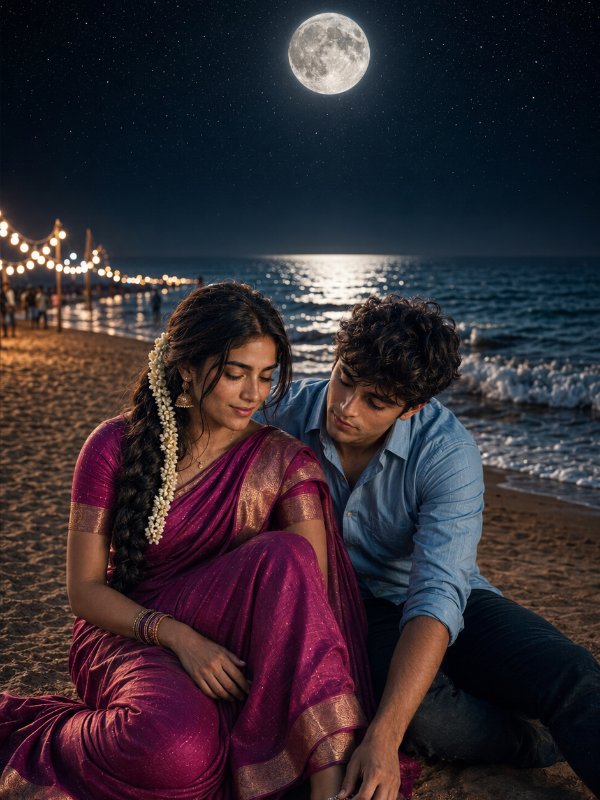 Moonlit Beach Love Story — AI image prompt example generated with this prompt