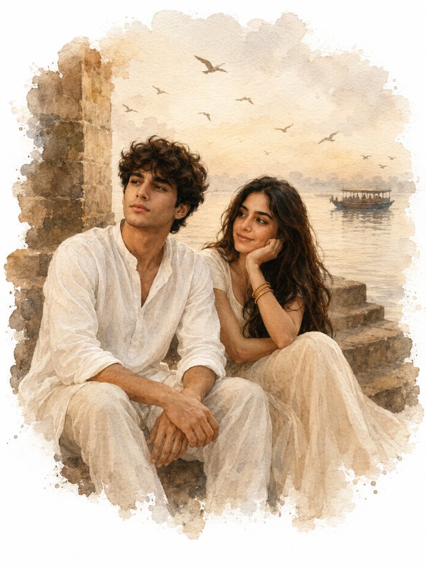 🎨🌅 Riverside Watercolor Romance — AI image prompt example generated with this prompt