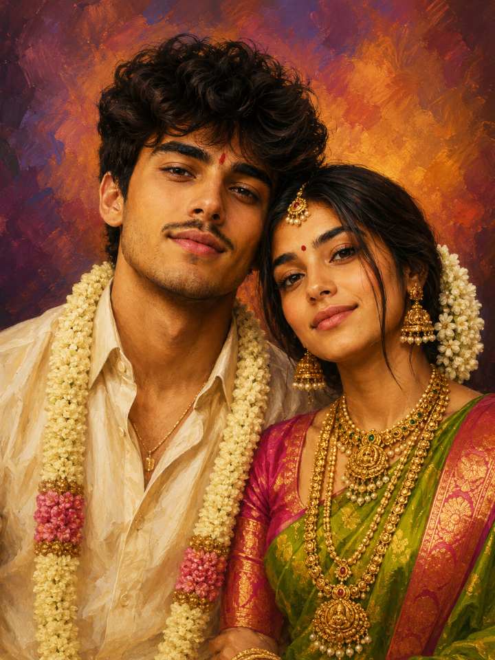 Royal South Indian Wedding Oil Painting — AI image prompt example generated with this prompt