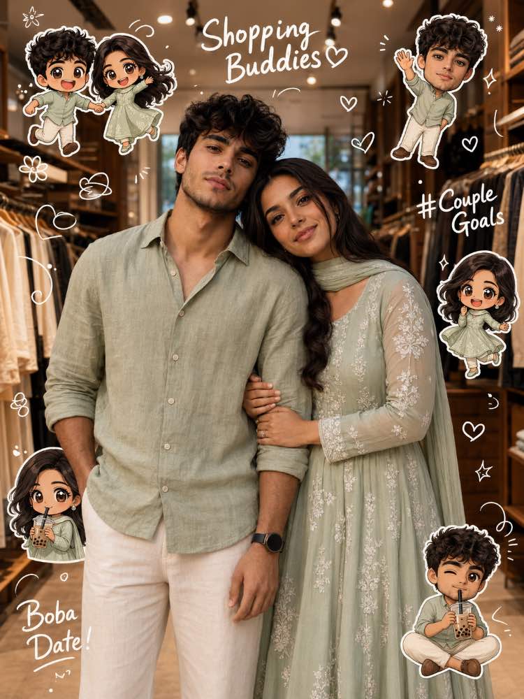 🛍️💚 Shopping Buddies Couple Portrait ✨ — AI image prompt example