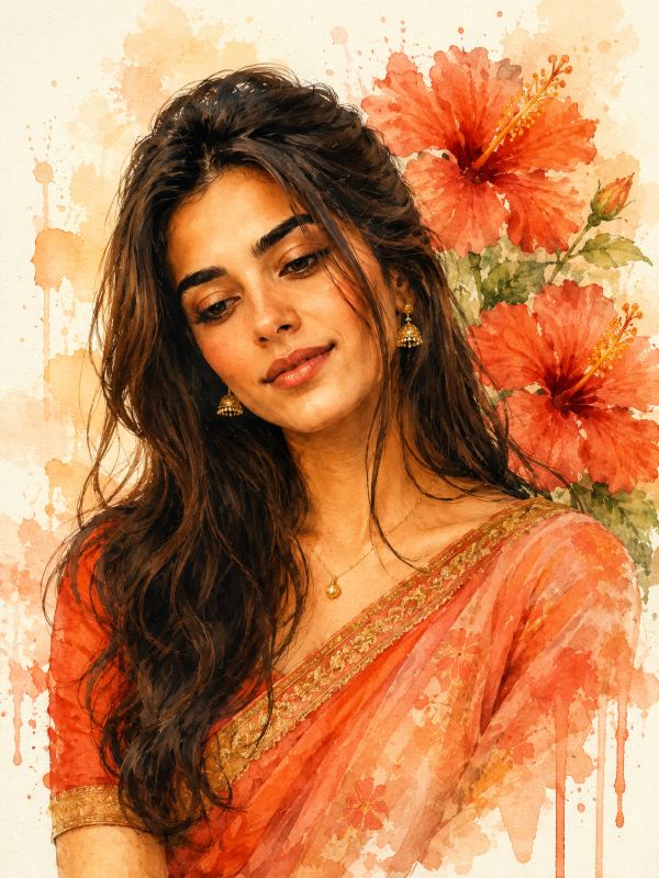 🎨 Elegant Watercolor Saree Portrait — AI image prompt example