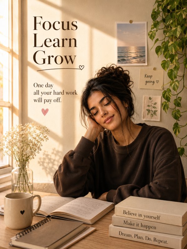 Focus • Learn • Grow 📖 — AI image prompt example generated with this prompt