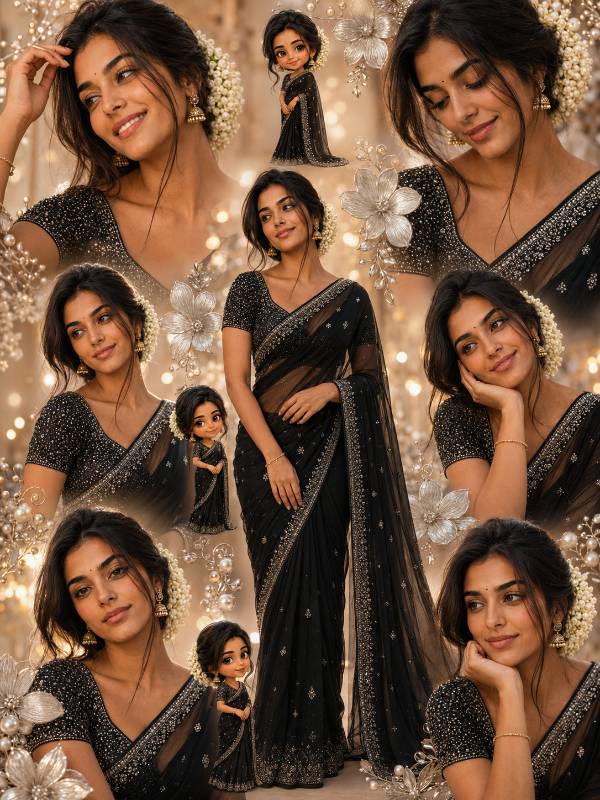 🖤 Royal Jasmine Saree Collage — AI image prompt example generated with this prompt