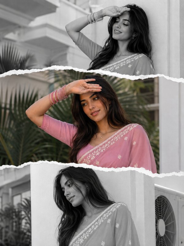 Selective Color Torn-Paper Saree Collage — AI image prompt example generated with this prompt