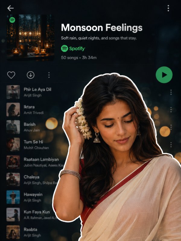 Spotify Aesthetic Kerala Saree Poster — AI image prompt example generated with this prompt