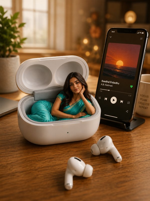 Tiny Tunes | Miniature Earbuds Fantasy Portrait — AI image prompt example generated with this prompt