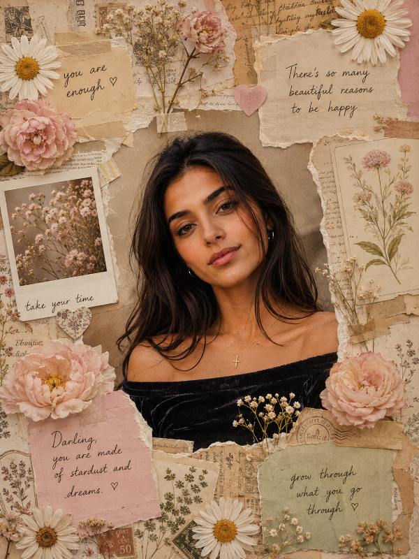 🌸 Vintage Floral Scrapbook Muse — AI image prompt example generated with this prompt