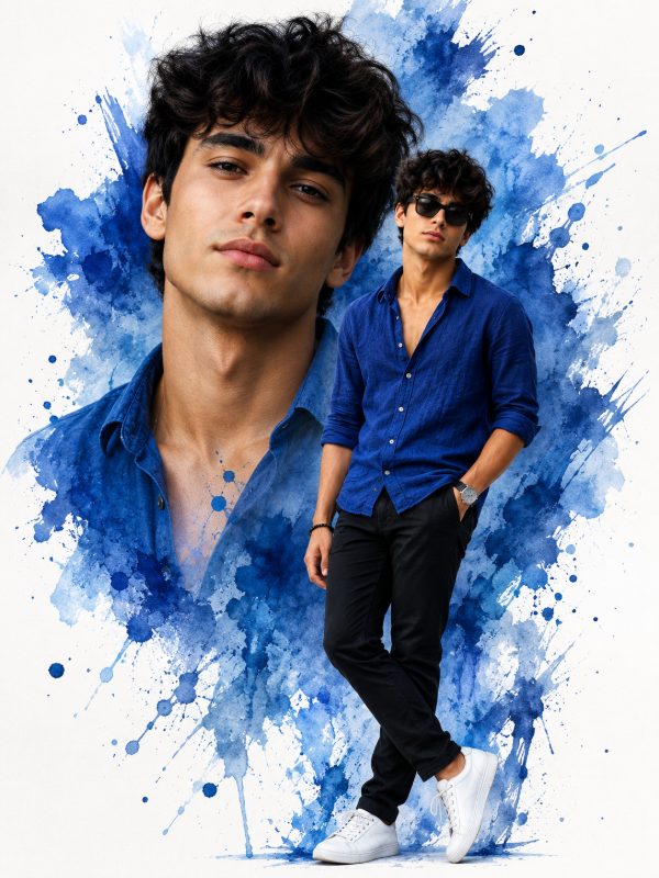 🎨 Blue Splash Editorial Portrait — AI image prompt example generated with this prompt