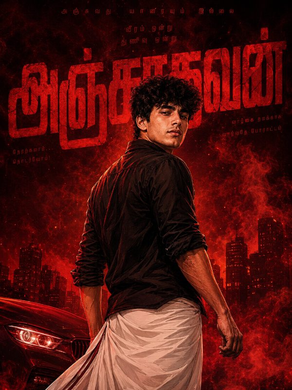 🔥 அஞ்சாதவன் | Tamil Mass Hero First-Look Poster — AI image prompt example generated with this prompt